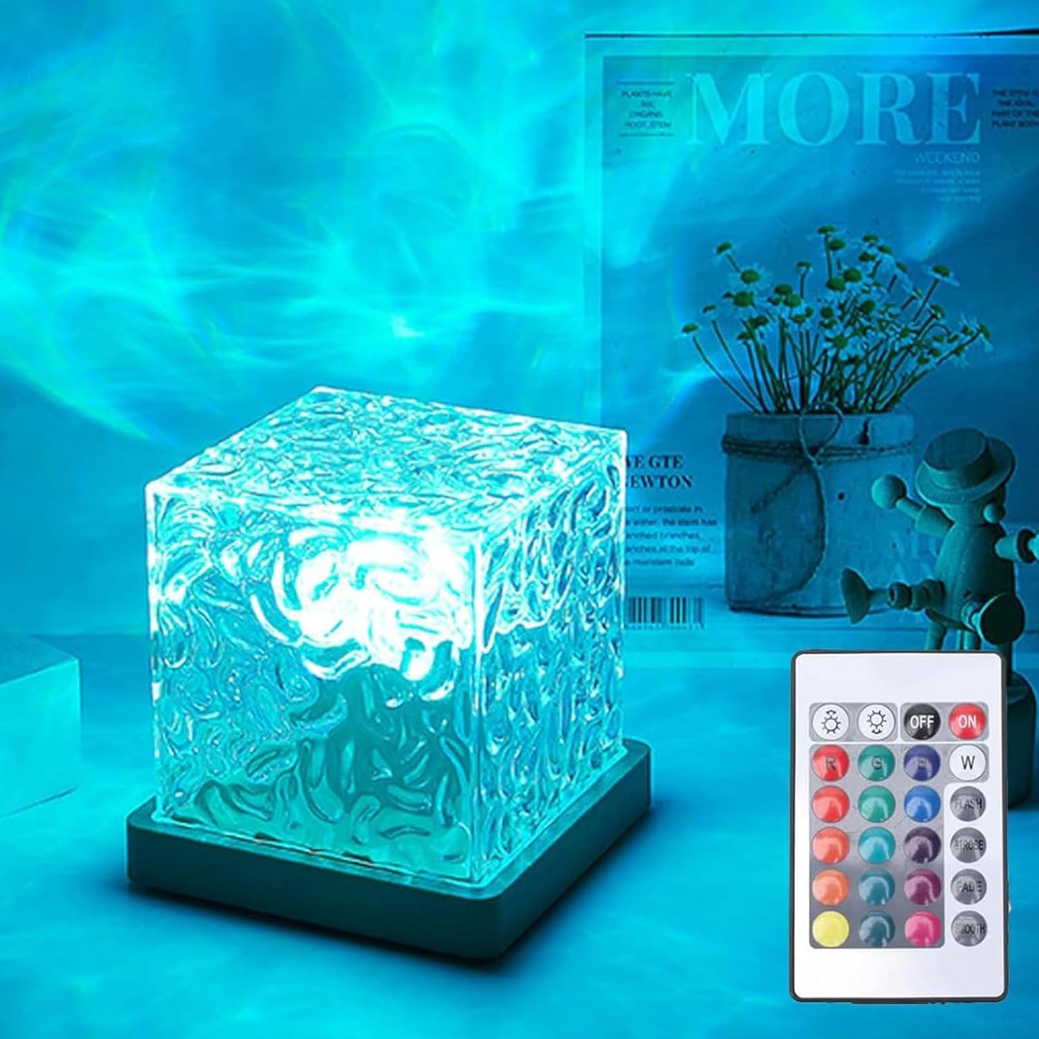 Indoce Sales The Wave Lamp, Wavecube Light, Ocean Wave Projector Light, 16-Color 3D Holographic Water Ripple Romantic Ambient Lighting, Night Light Decor, for Child's Room, Bedroom