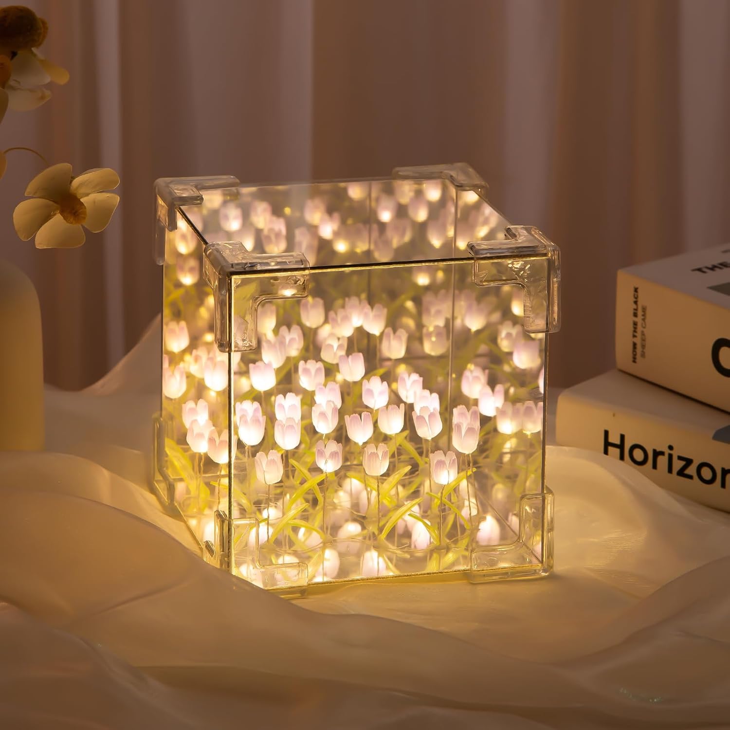 Indoce Sales DIY Infinity Mirror Tulip Cube LED Lamp - 20 LED Flower Lights, Dual-Purpose Tabletop & Mirror Décor | Gifts for Woman | Valentine Gift