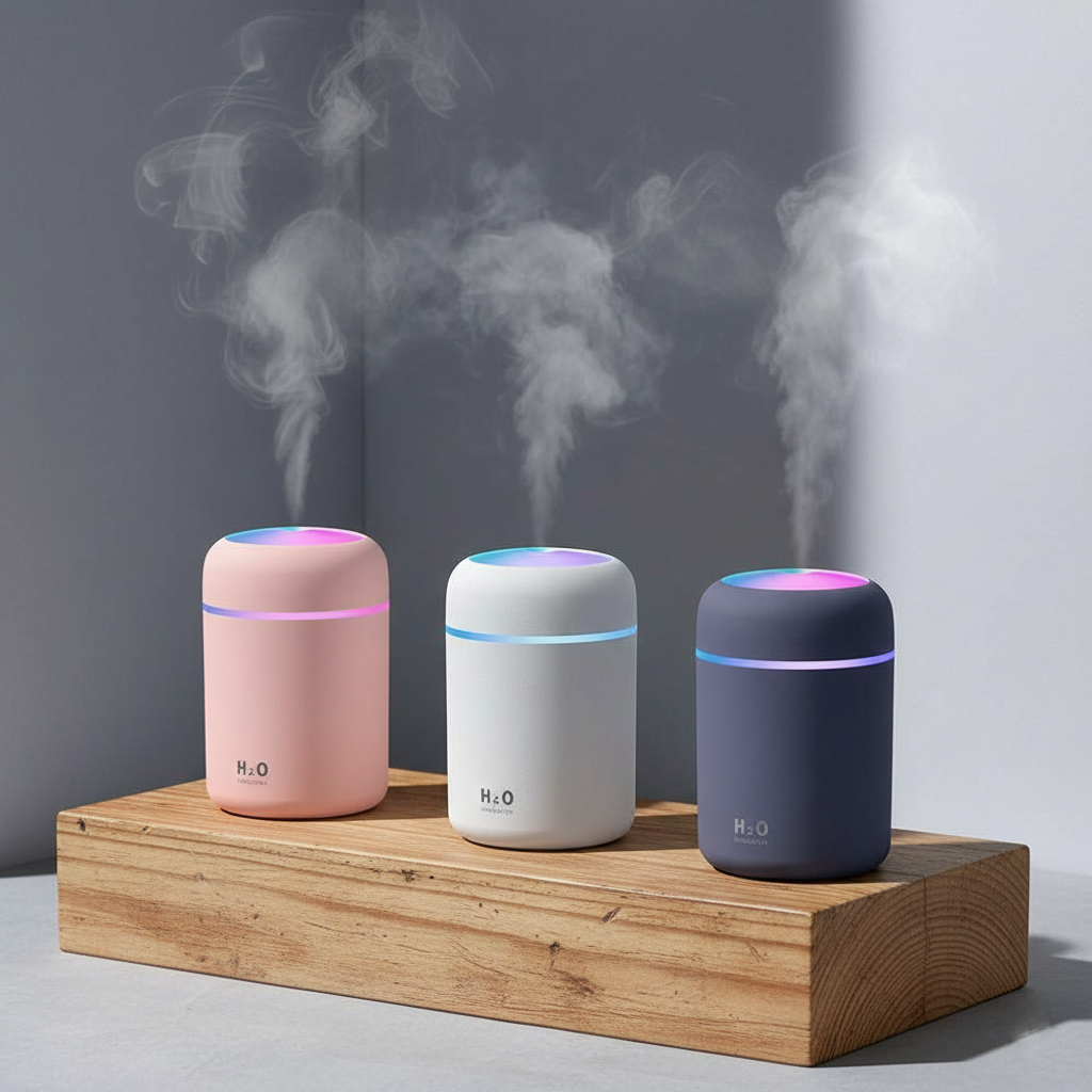 Indoce Sales H2O Humidifier - Mini Cool Mist Humidifier with Multicolor LED Night Light, 300ml Capacity, 2 Mist Modes, and Auto Shut-Off Personal Desktop Humidifier