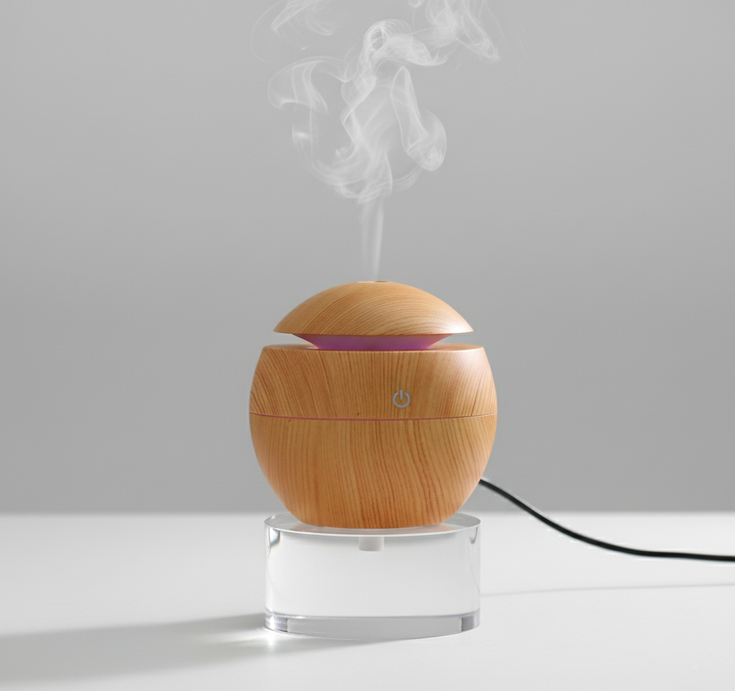 Indoce Sales Wooden Aroma Diffuser Humidifier, Air Oil Diffuser Air Purifier Portable Grain 130ml Touch Sensitive 6 Color LED Lights Changing for Home, Office, Baby Room, Bedroom