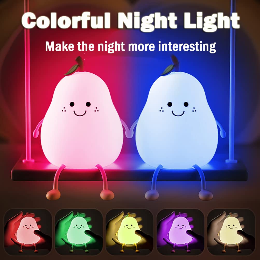 Indoce Sales Rechargeable Silicone Pear Night Lamp Touch Control Color Changing LED Light 7color for Kids' Bedroom Décor and Ideal Baby Gift (Multicolor)