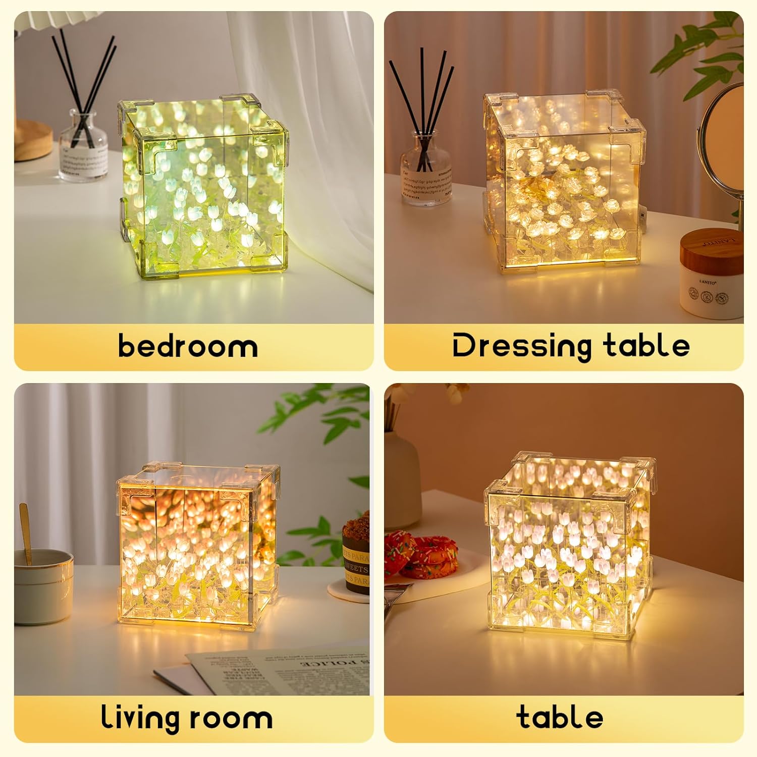 Indoce Sales DIY Infinity Mirror Tulip Cube LED Lamp - 20 LED Flower Lights, Dual-Purpose Tabletop & Mirror Décor | Gifts for Woman | Valentine Gift