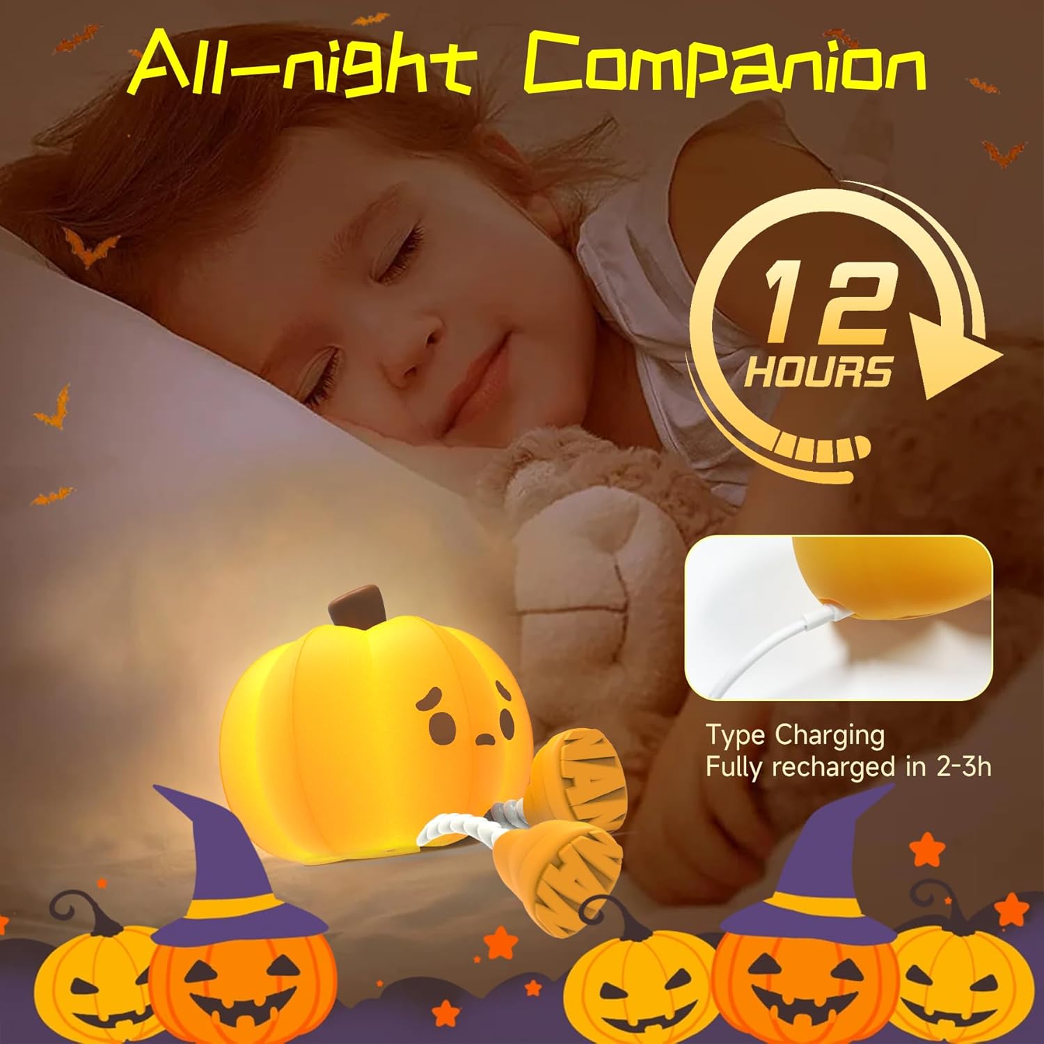 Indoce Sales Pumpkin Night Light, Cute LED Lamp, Silicone Dimmable Nursery Nightlight for Kids, Rechargeable Bedside Touch Lamp, Funny Office Desk Light and Room Decor(Pumpkin)