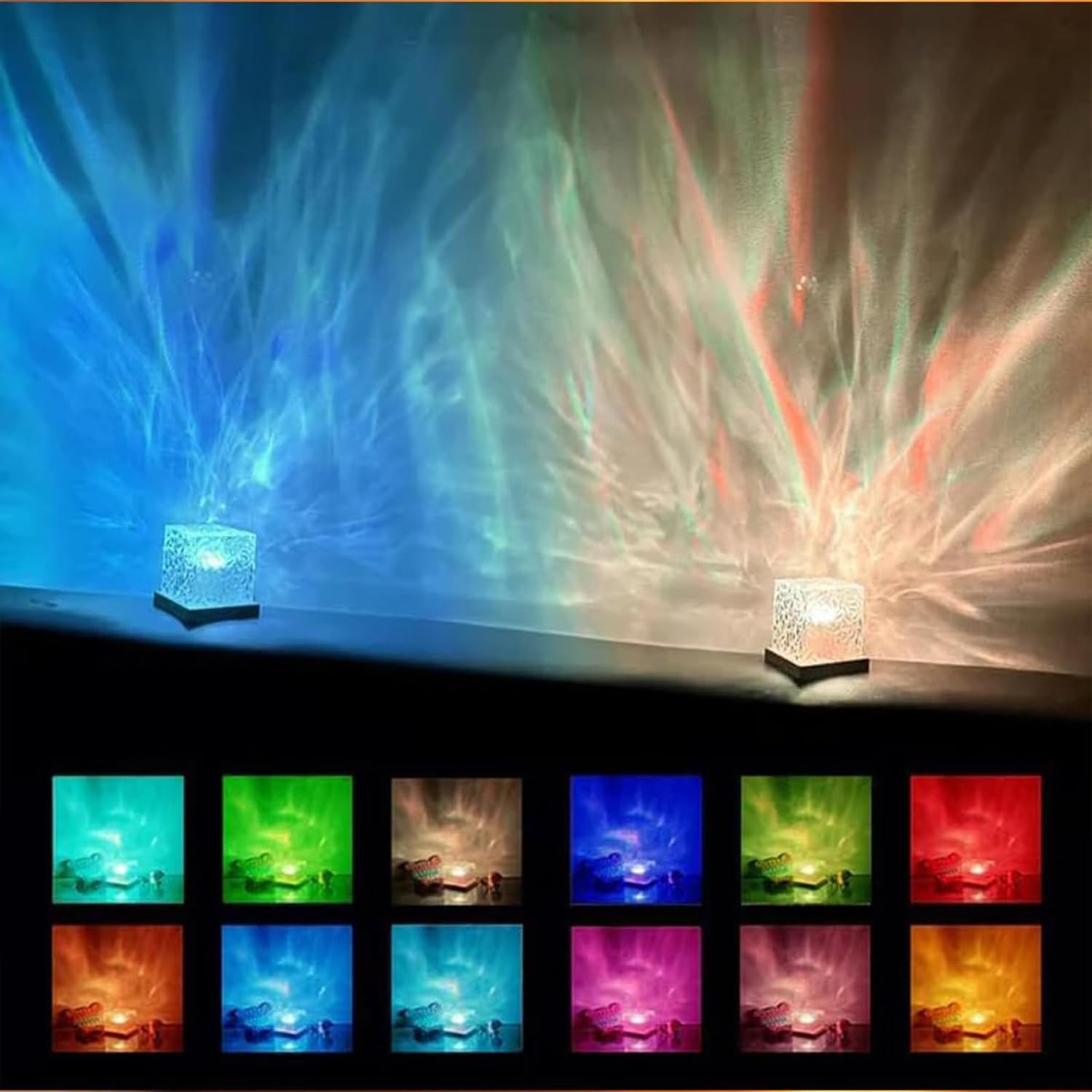 Indoce Sales The Wave Lamp, Wavecube Light, Ocean Wave Projector Light, 16-Color 3D Holographic Water Ripple Romantic Ambient Lighting, Night Light Decor, for Child's Room, Bedroom