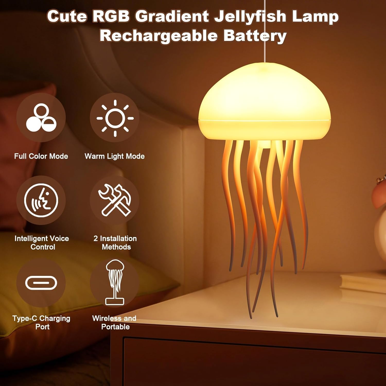 Indoce Sales Jellyfish Dancing Lamp, LED Cute Jellyfish Night Light，Floating Voice Control Jellyfish with Dancing Legs, RGB Gradient Jellyfish Bedside Lamp