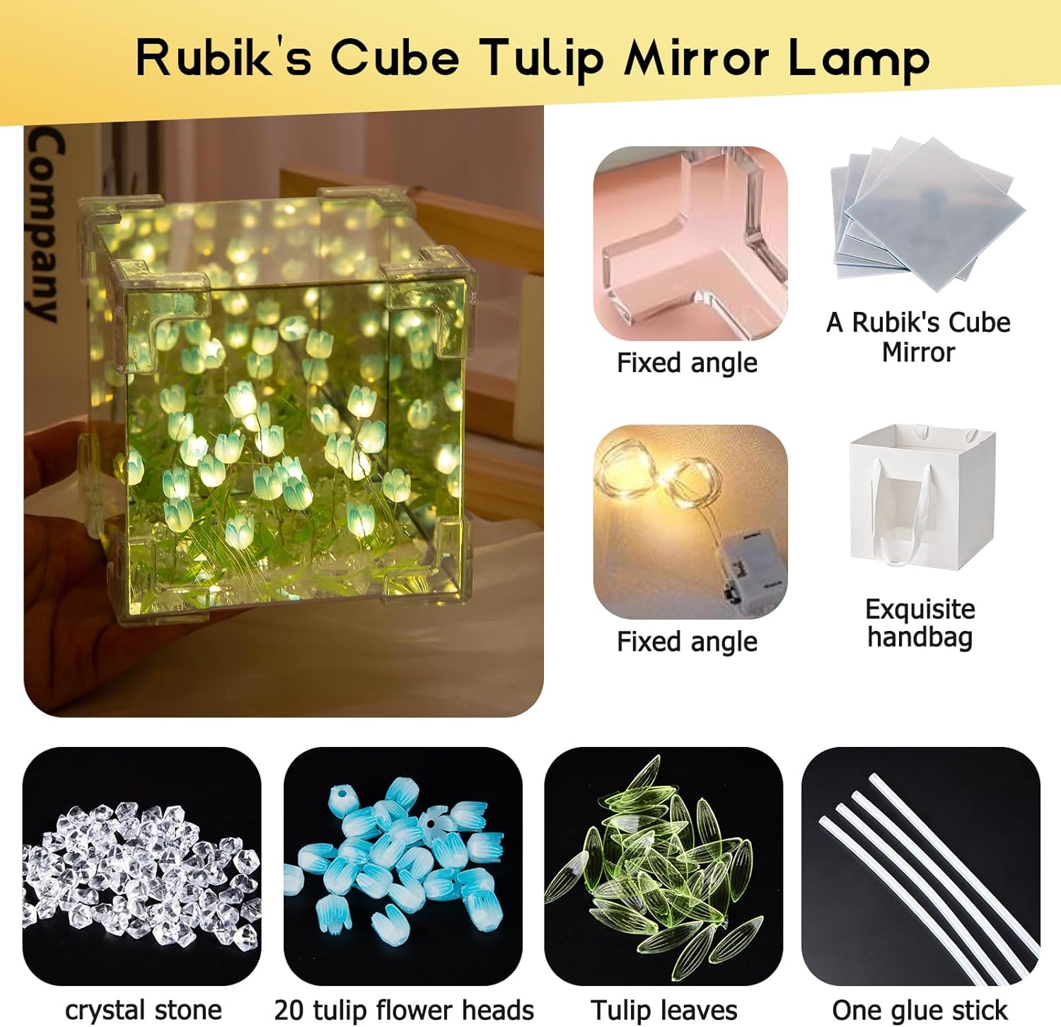 Indoce Sales DIY Infinity Mirror Tulip Cube LED Lamp - 20 LED Flower Lights, Dual-Purpose Tabletop & Mirror Décor | Gifts for Woman | Valentine Gift