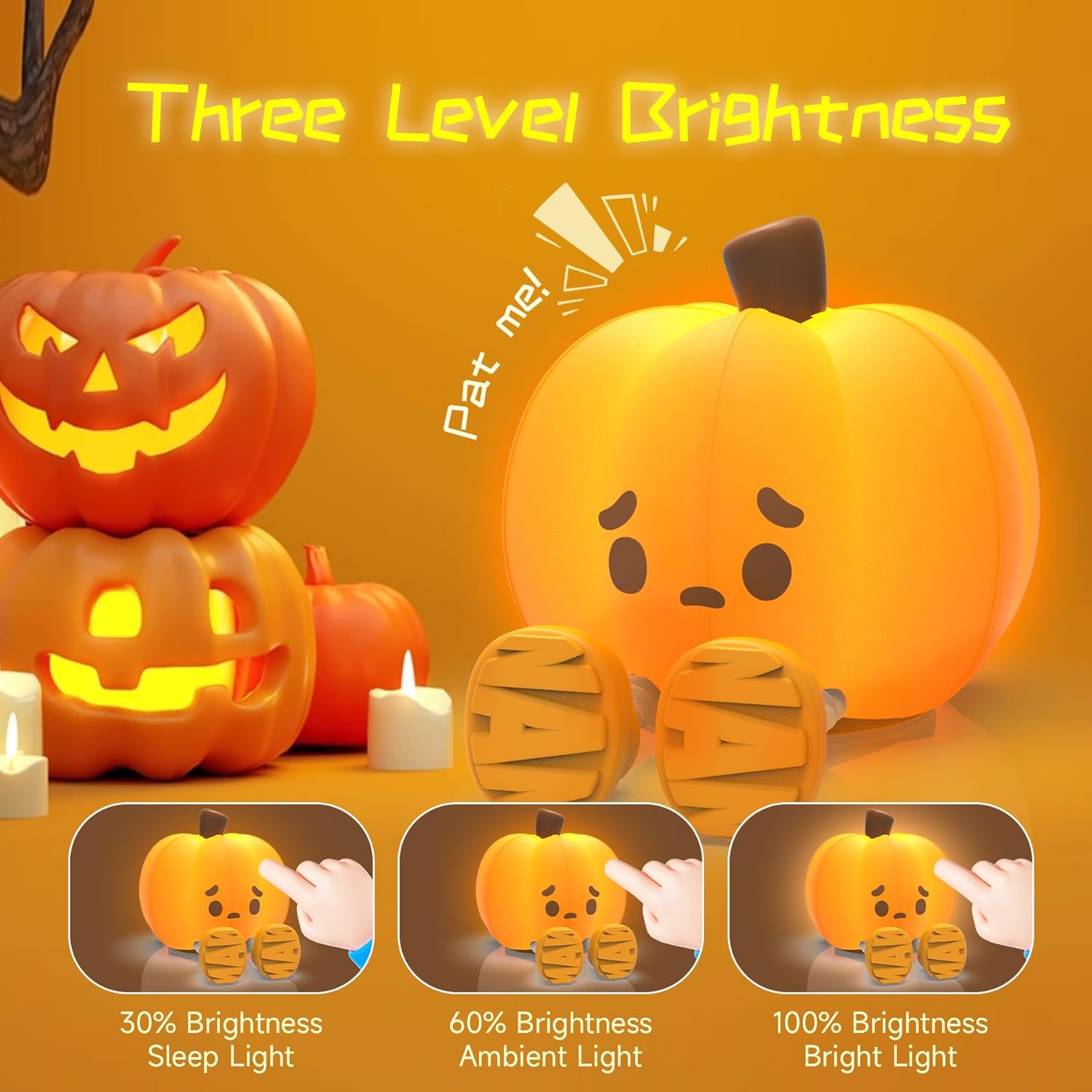 Indoce Sales Pumpkin Night Light, Cute LED Lamp, Silicone Dimmable Nursery Nightlight for Kids, Rechargeable Bedside Touch Lamp, Funny Office Desk Light and Room Decor(Pumpkin)