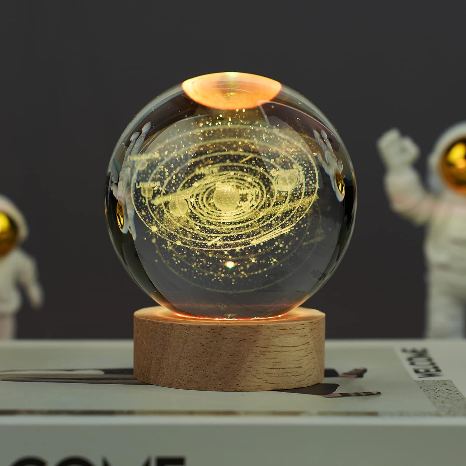 Indoce Sales 3D Multi Design Crystal Ball Night Lamp, Creative Engraved 60mm Crystal Ball Night Light, USB Cable LED Wooden Crystal Ball for Home Decoration Birthday Gift (Warm White)