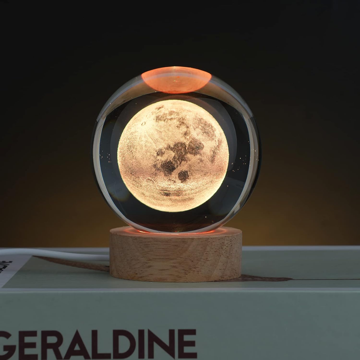 Indoce Sales 3D Multi Design Crystal Ball Night Lamp, Creative Engraved 60mm Crystal Ball Night Light, USB Cable LED Wooden Crystal Ball for Home Decoration Birthday Gift (Warm White)
