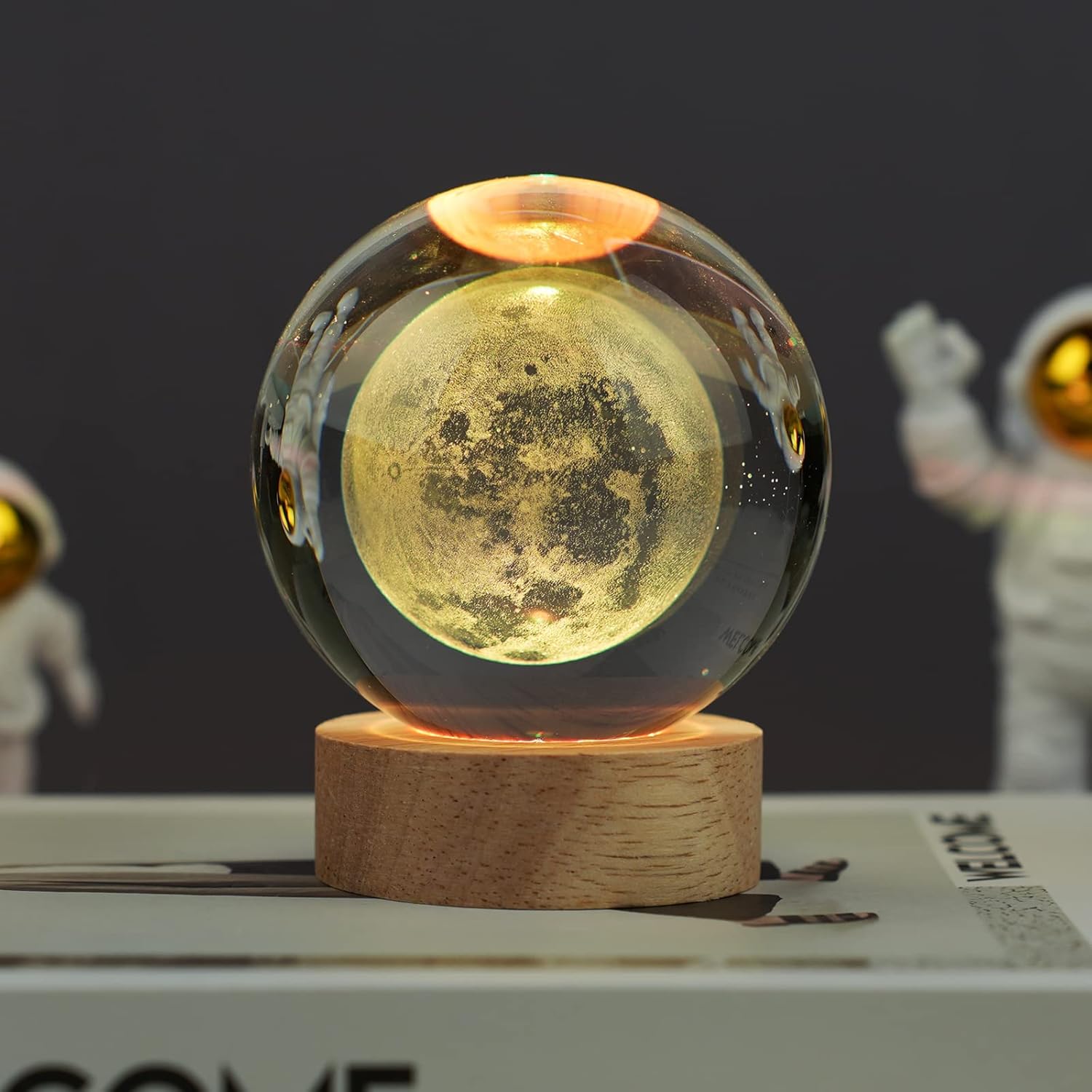Indoce Sales 3D Multi Design Crystal Ball Night Lamp, Creative Engraved 60mm Crystal Ball Night Light, USB Cable LED Wooden Crystal Ball for Home Decoration Birthday Gift (Warm White)
