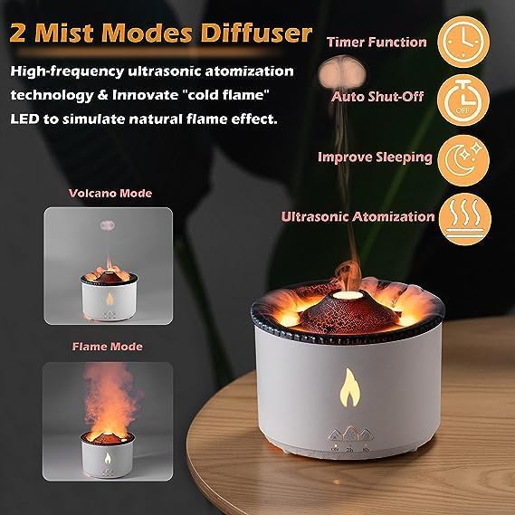 Indoce Sales Volcano Humidifier, Large 300ML/10.56oz Capacity, Waterless Auto-Off and Timer, With Flame and Volcano Atomization Modes, Volcano Aromatherapy diffuser for Bedroom