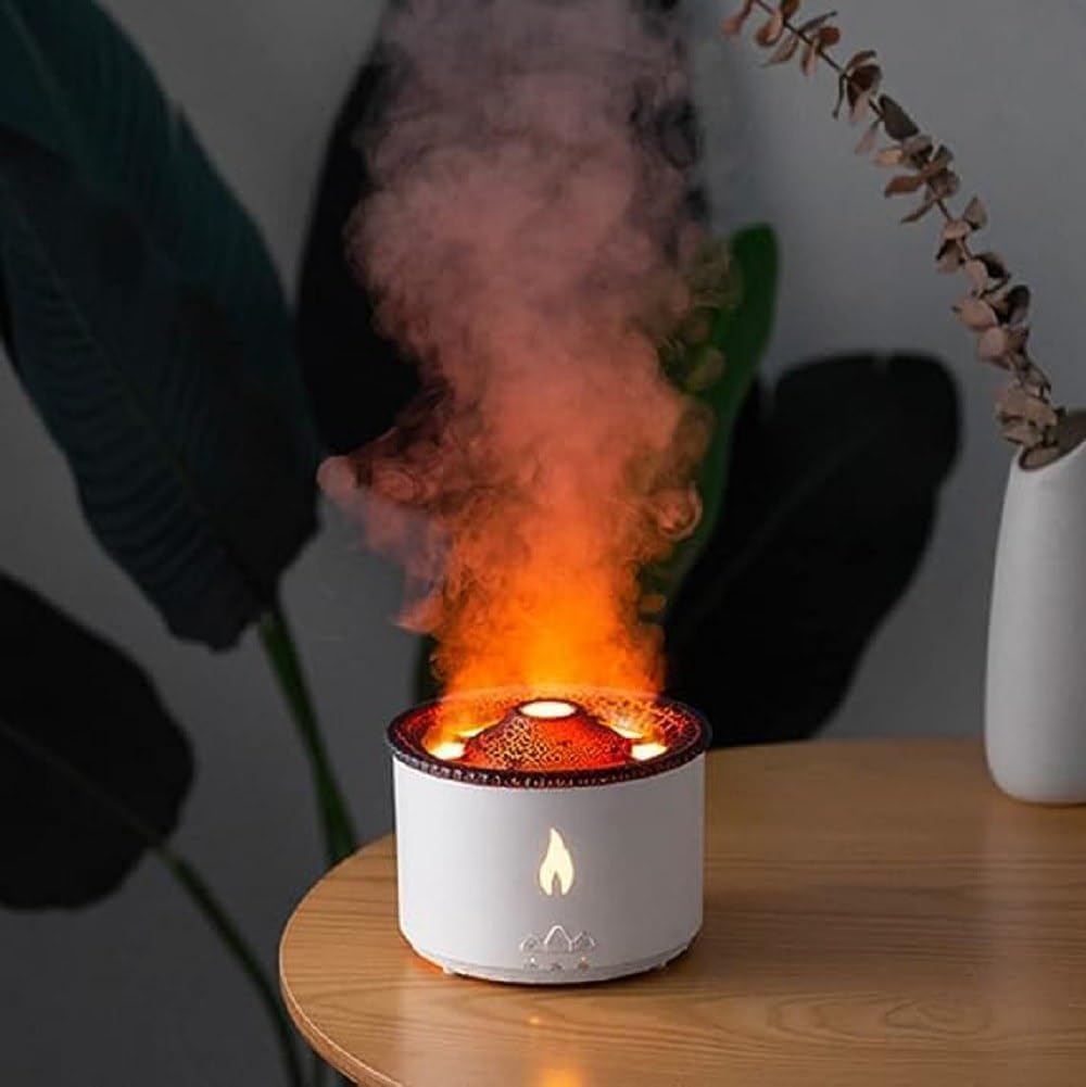 Indoce Sales Volcano Humidifier, Large 300ML/10.56oz Capacity, Waterless Auto-Off and Timer, With Flame and Volcano Atomization Modes, Volcano Aromatherapy diffuser for Bedroom