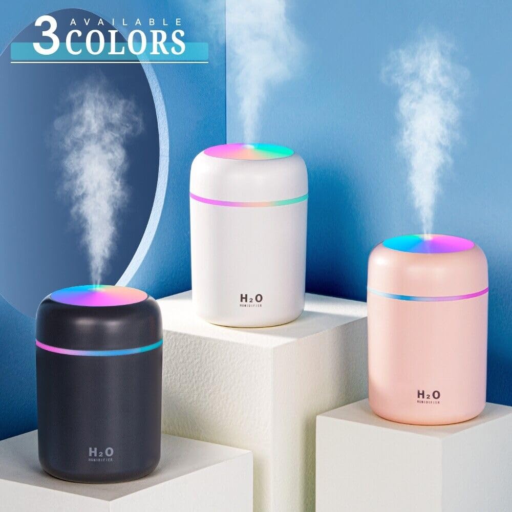 Indoce Sales H2O Humidifier - Mini Cool Mist Humidifier with Multicolor LED Night Light, 300ml Capacity, 2 Mist Modes, and Auto Shut-Off Personal Desktop Humidifier