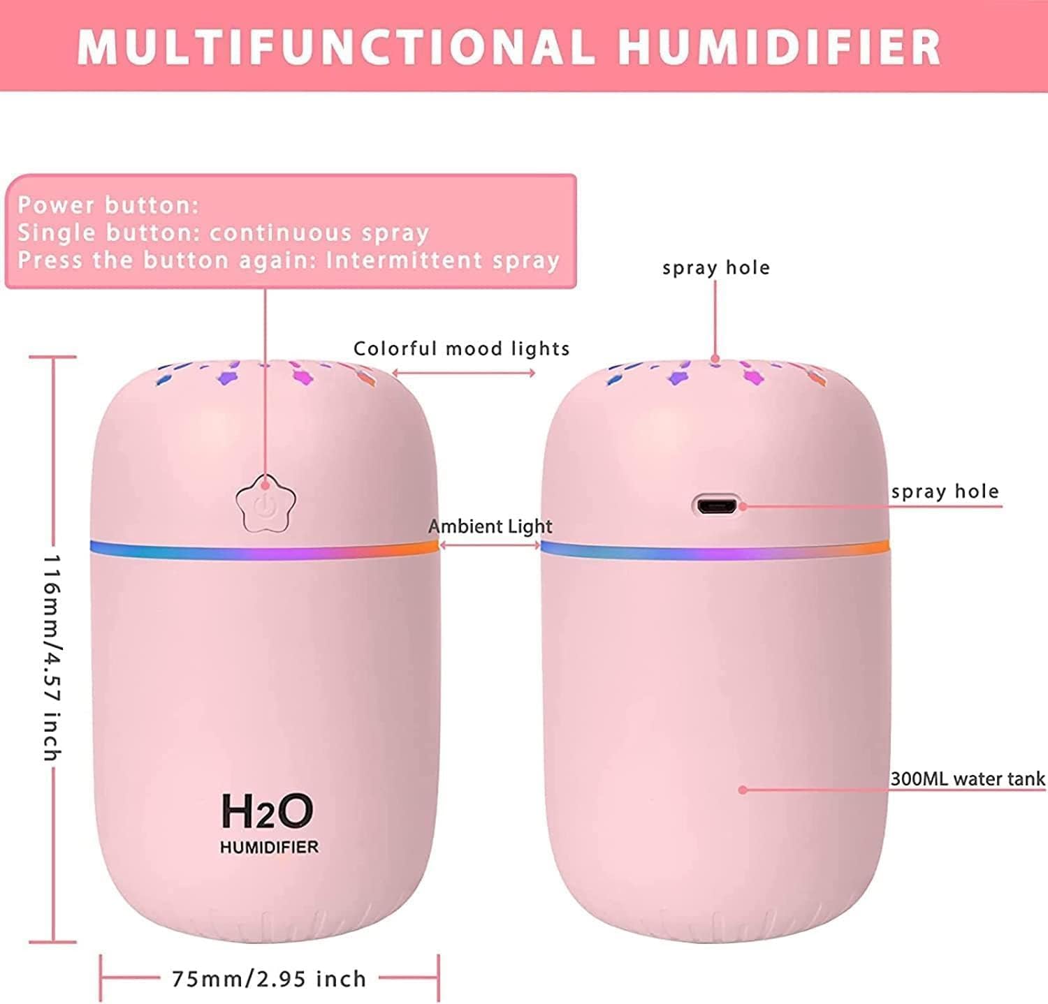 Indoce Sales H2O Humidifiers for Bedroom, Portable small Humidifier 300ml Cool Mist Colorful Light for Babies USB Personal Desktop Humidifier for Home