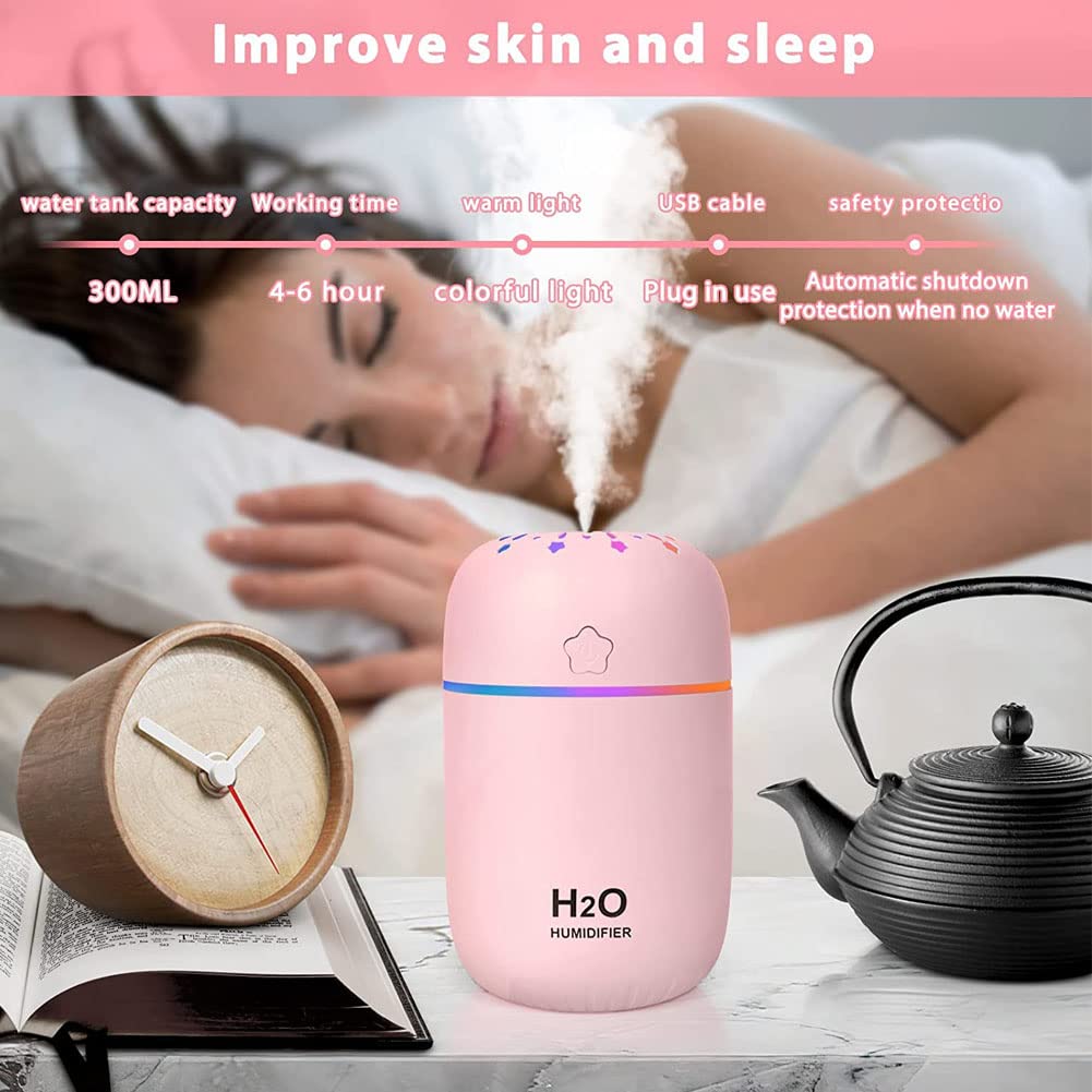 Indoce Sales H2O Humidifiers for Bedroom, Portable small Humidifier 300ml Cool Mist Colorful Light for Babies USB Personal Desktop Humidifier for Home