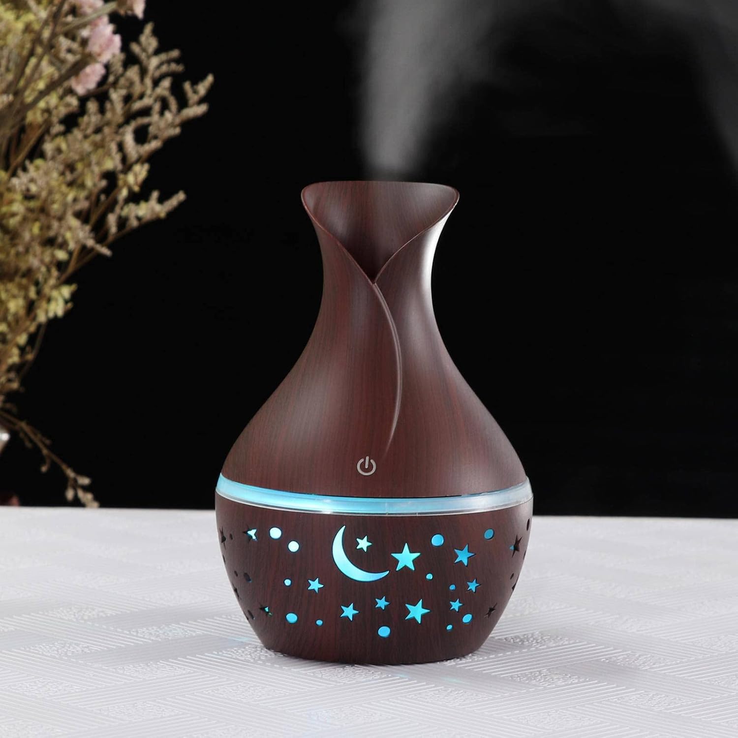 Indoce Sales Starry Sky Wood Grain Creative Hollow Star Moon Humidifier Colorful Transparent Mini Portable 130ML Aroma Diffuser