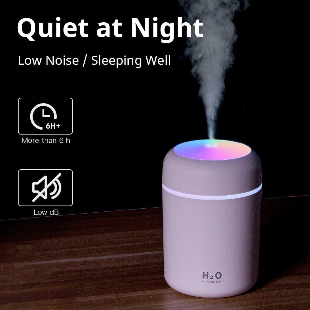 Indoce Sales H2O Humidifier - Mini Cool Mist Humidifier with Multicolor LED Night Light, 300ml Capacity, 2 Mist Modes, and Auto Shut-Off Personal Desktop Humidifier
