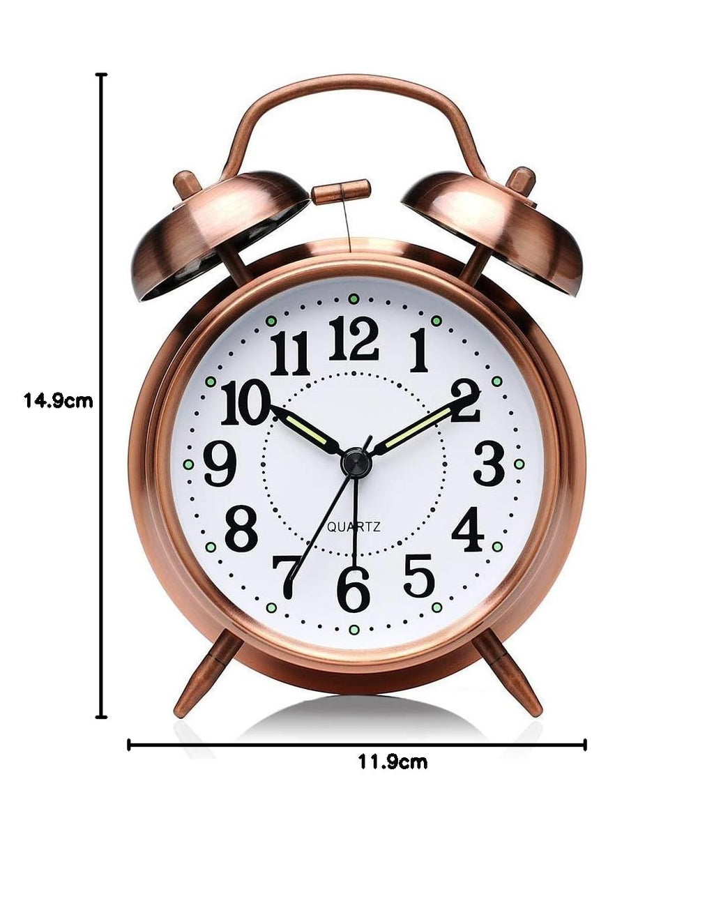 Indoce Sales Analog Alarm Clock Twin Bell Retro Copper Metal 4" Extra Loud Quartz Battery Operated Clock