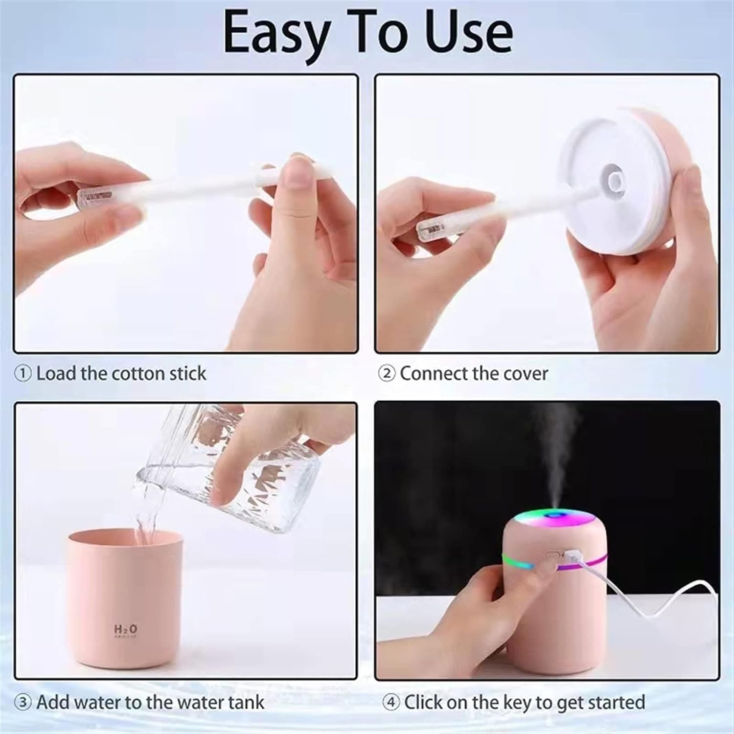 Indoce Sales H2O Humidifier - Mini Cool Mist Humidifier with Multicolor LED Night Light, 300ml Capacity, 2 Mist Modes, and Auto Shut-Off Personal Desktop Humidifier
