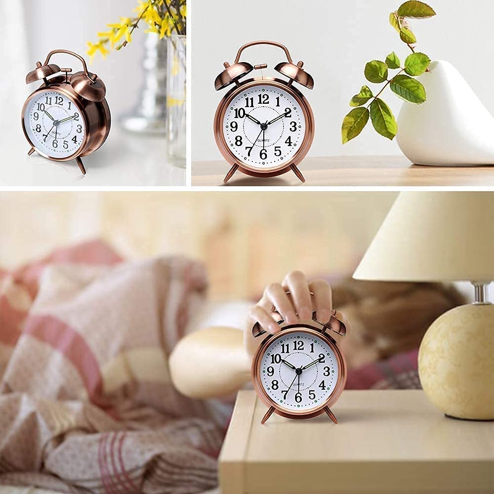 Indoce Sales Analog Alarm Clock Twin Bell Retro Copper Metal 4" Extra Loud Quartz Battery Operated Clock
