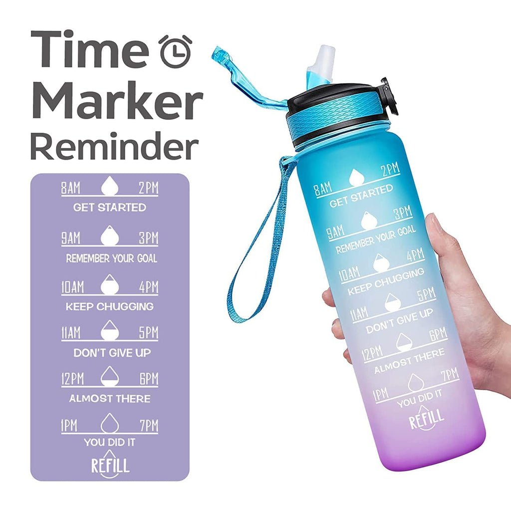 Indoce Sales Motivational Fitness Sports Water Bottle with Time Marker & Straw, Large Wide Mouth Leakproof Durable BPA Free Non-Toxic