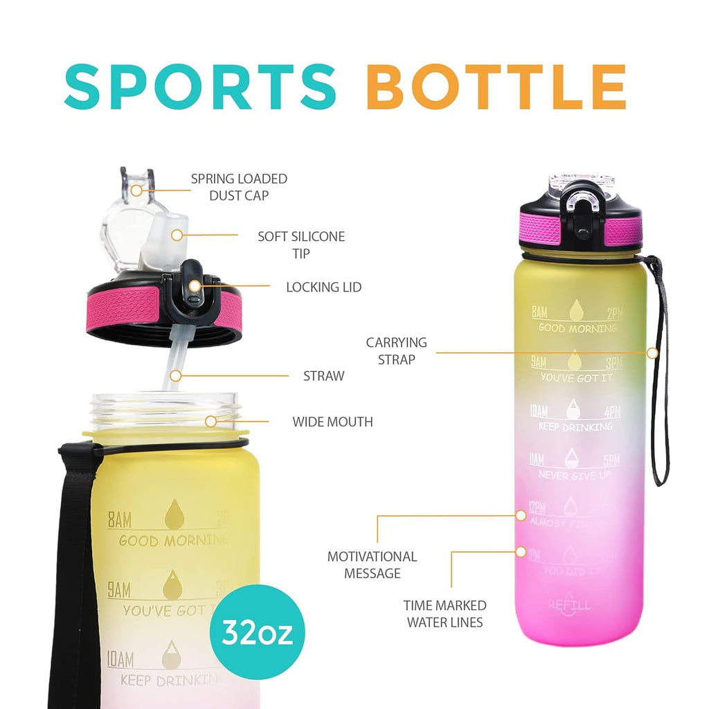 Indoce Sales Motivational Fitness Sports Water Bottle with Time Marker & Straw, Large Wide Mouth Leakproof Durable BPA Free Non-Toxic