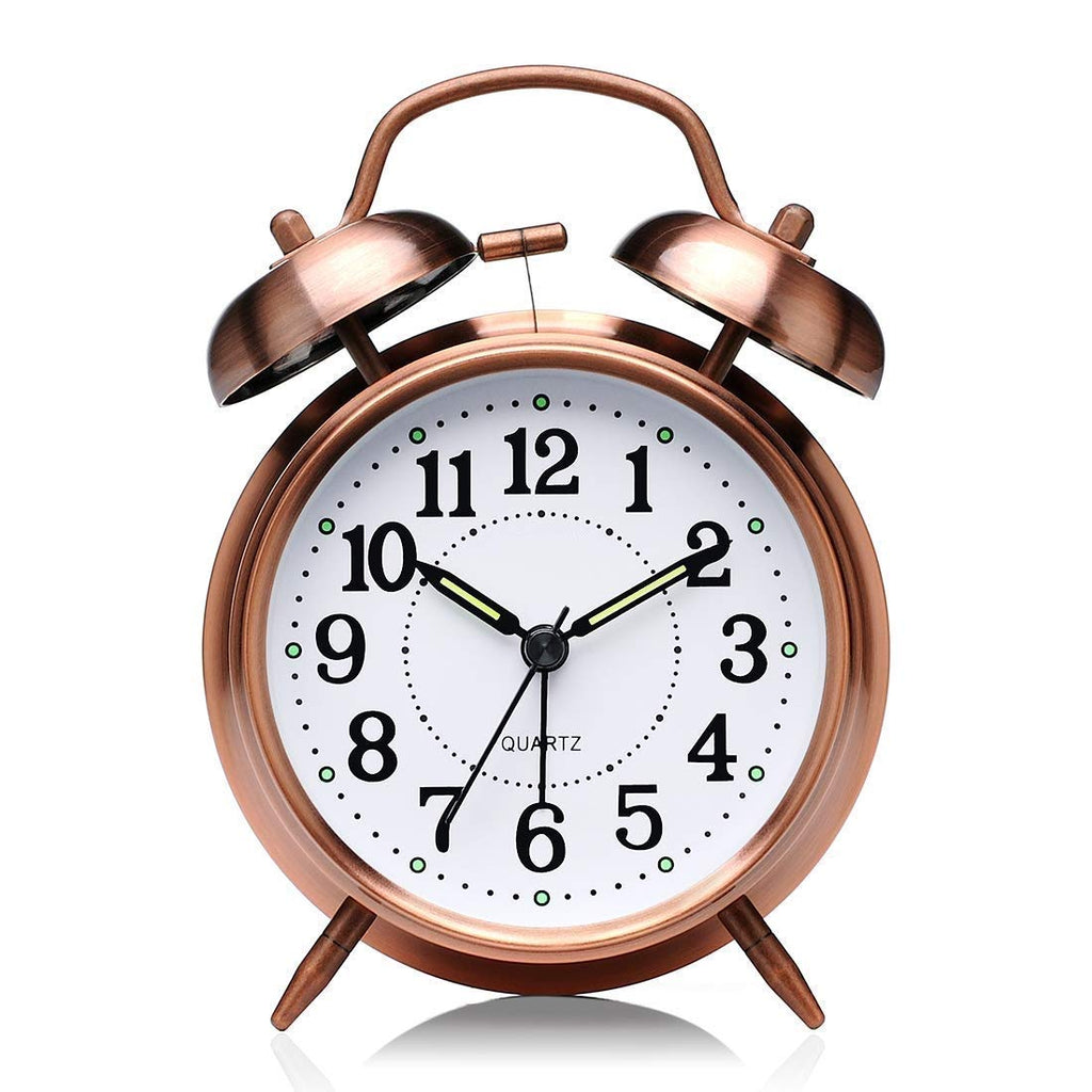 Indoce Sales Analog Alarm Clock Twin Bell Retro Copper Metal 4" Extra Loud Quartz Battery Operated Clock