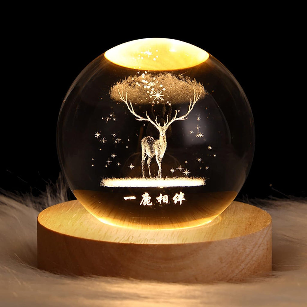 Indoce Sales 3D Multi Design Crystal Ball Night Lamp, Creative Engraved 60mm Crystal Ball Night Light, USB Cable LED Wooden Crystal Ball for Home Decoration Birthday Gift (Warm White)