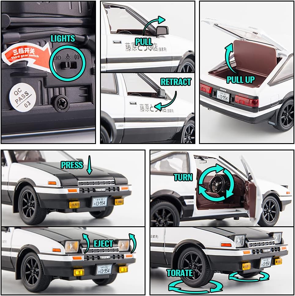 Indoce Sales 1/32 Toyota AE86 Initial D Model Car Zinc Alloy Pull Back Toy Car with Sound and Light for Kids
