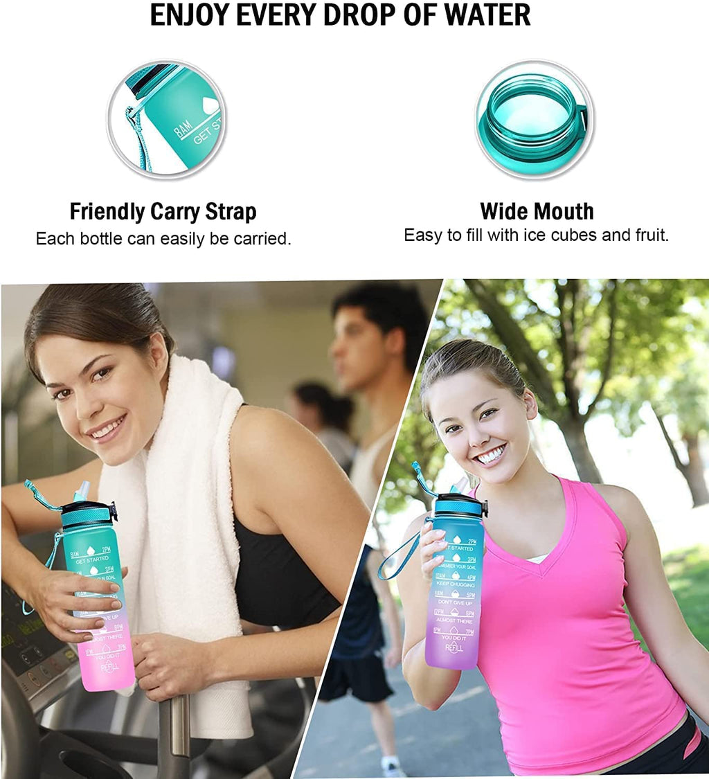 Indoce Sales Motivational Fitness Sports Water Bottle with Time Marker & Straw, Large Wide Mouth Leakproof Durable BPA Free Non-Toxic