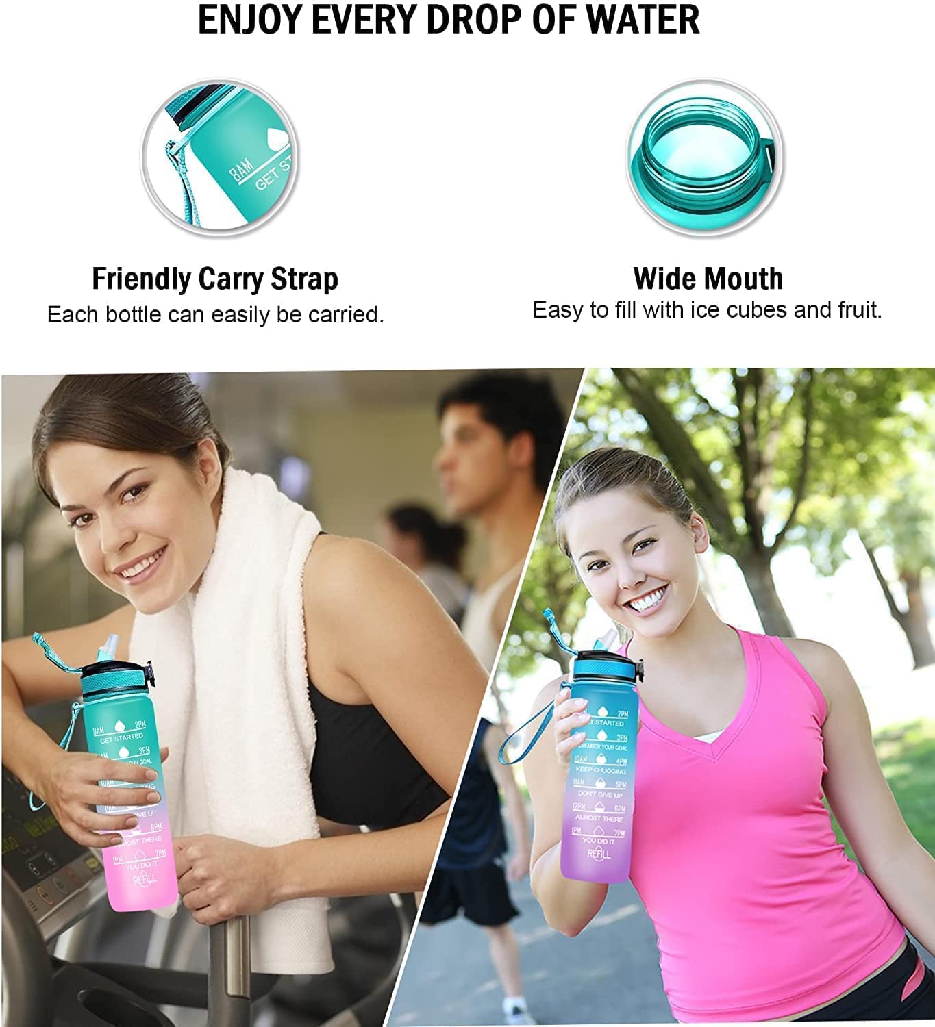 Indoce Sales Motivational Fitness Sports Water Bottle with Time Marker & Straw, Large Wide Mouth Leakproof Durable BPA Free Non-Toxic