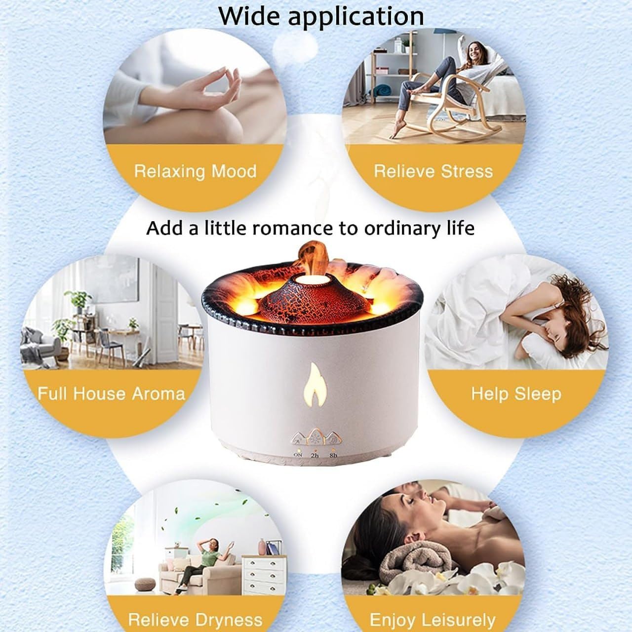 Indoce Sales Volcano Humidifier, Large 300ML/10.56oz Capacity, Waterless Auto-Off and Timer, With Flame and Volcano Atomization Modes, Volcano Aromatherapy diffuser for Bedroom