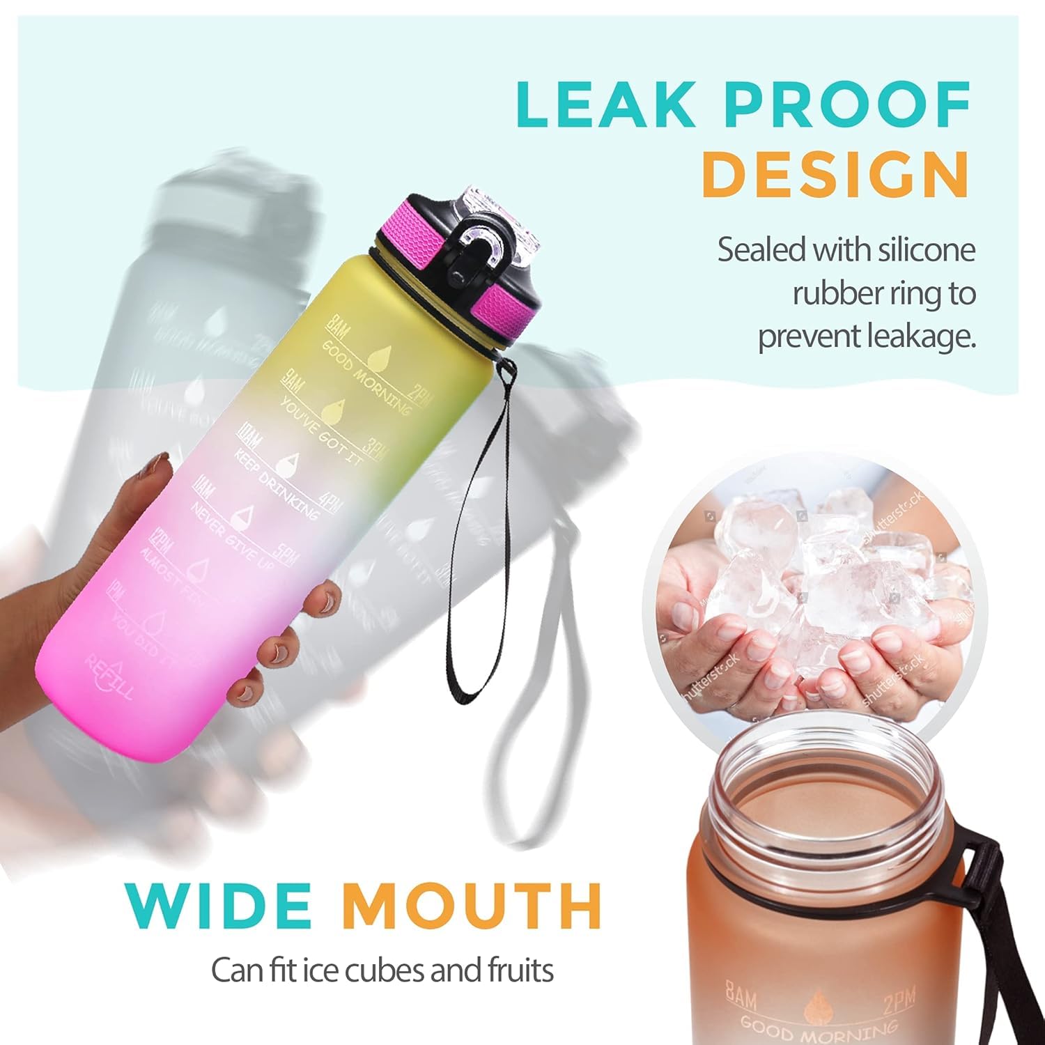 Indoce Sales Motivational Fitness Sports Water Bottle with Time Marker & Straw, Large Wide Mouth Leakproof Durable BPA Free Non-Toxic