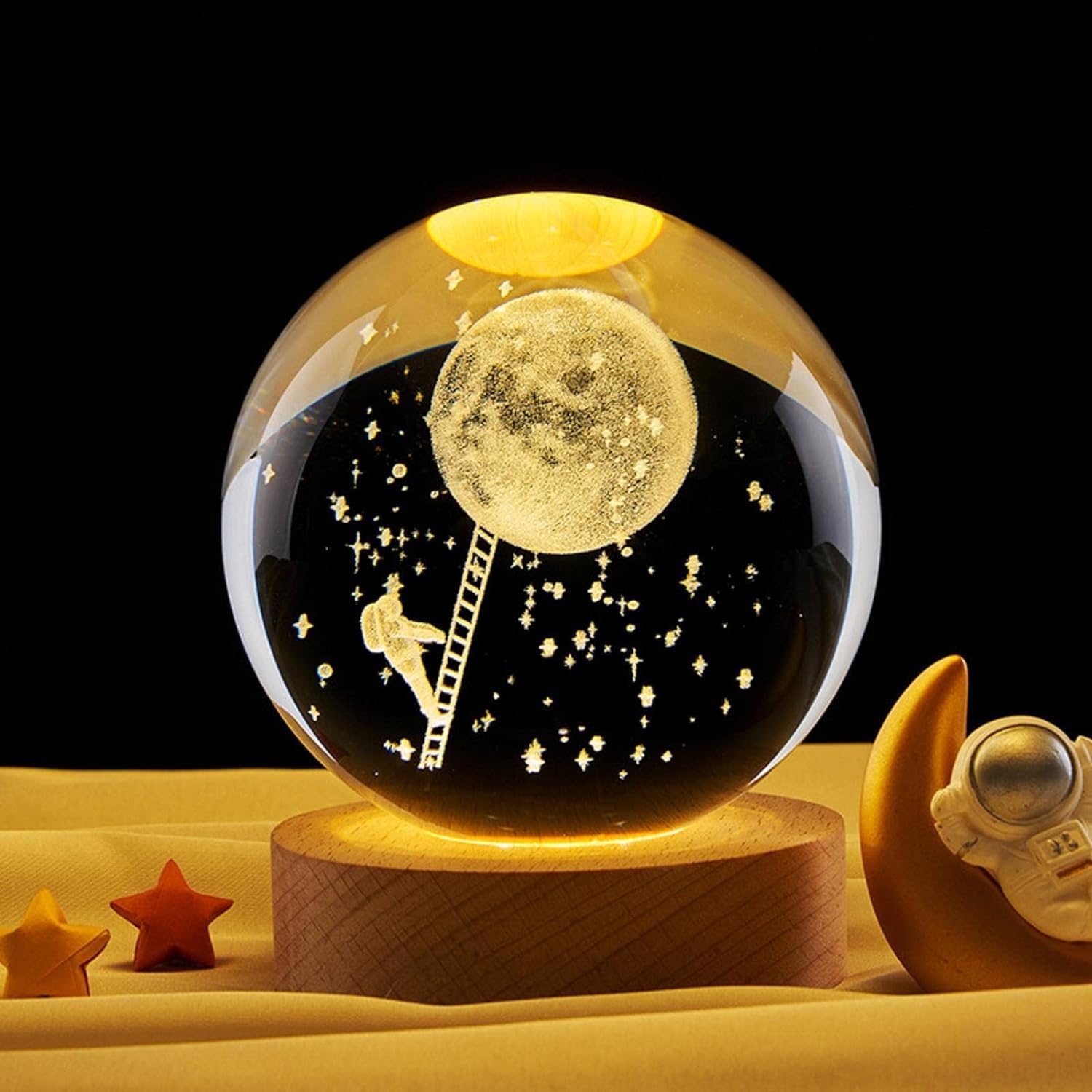 Indoce Sales 3D Multi Design Crystal Ball Night Lamp, Creative Engraved 60mm Crystal Ball Night Light, USB Cable LED Wooden Crystal Ball for Home Decoration Birthday Gift (Warm White)