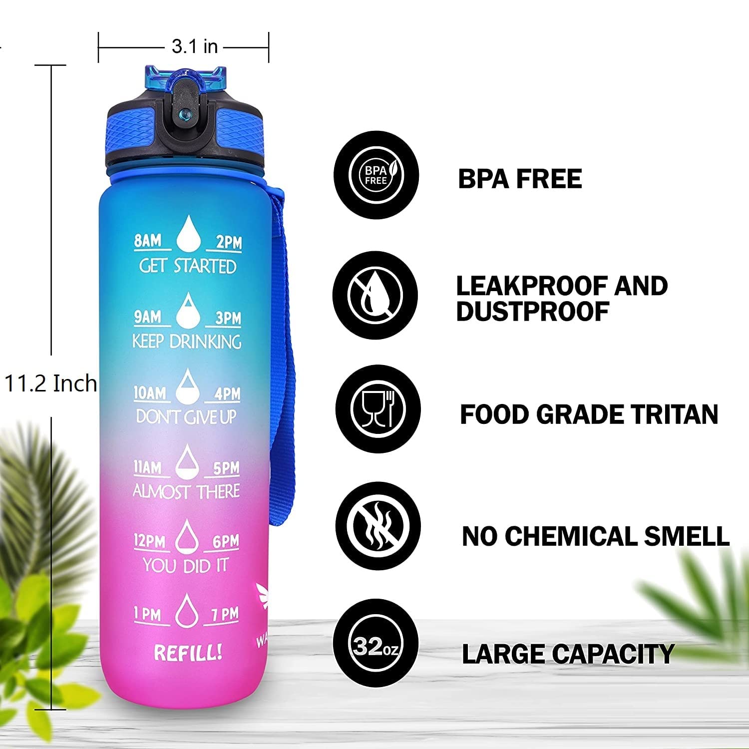 Indoce Sales Motivational Fitness Sports Water Bottle with Time Marker & Straw, Large Wide Mouth Leakproof Durable BPA Free Non-Toxic