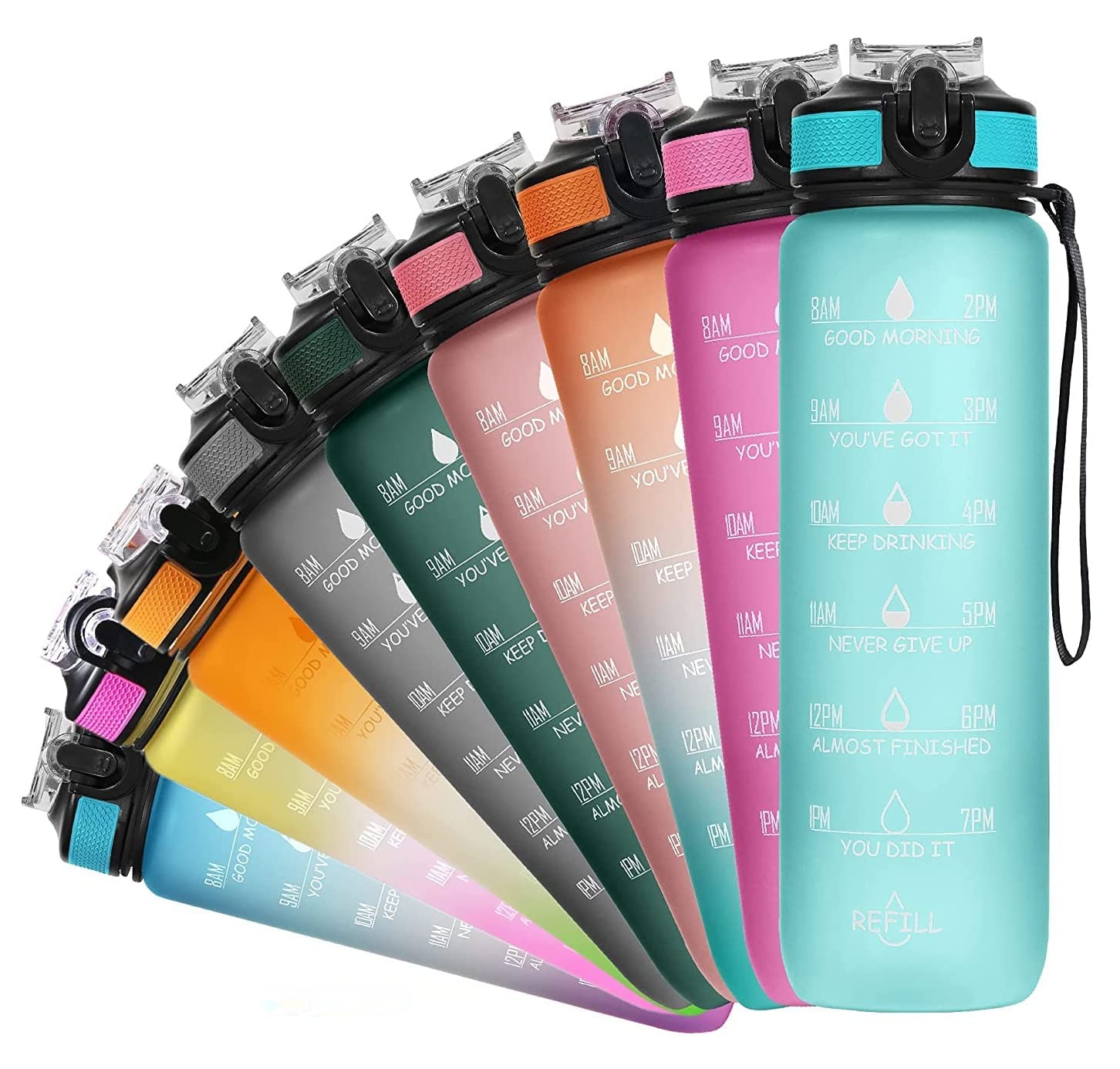Indoce Sales Motivational Fitness Sports Water Bottle with Time Marker & Straw, Large Wide Mouth Leakproof Durable BPA Free Non-Toxic