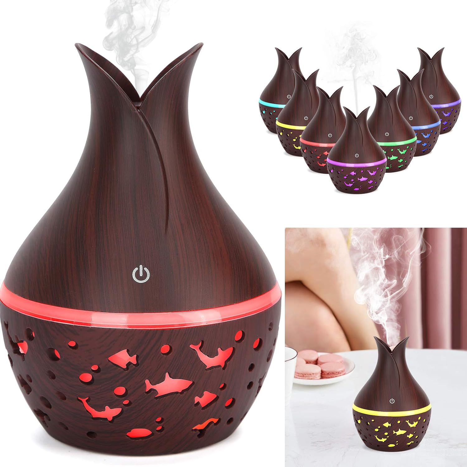 Indoce Sales Starry Sky Wood Grain Creative Hollow Star Moon Humidifier Colorful Transparent Mini Portable 130ML Aroma Diffuser