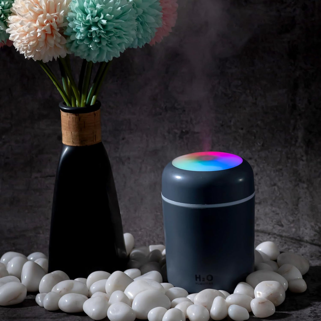 Indoce Sales H2O Humidifier - Mini Cool Mist Humidifier with Multicolor LED Night Light, 300ml Capacity, 2 Mist Modes, and Auto Shut-Off Personal Desktop Humidifier