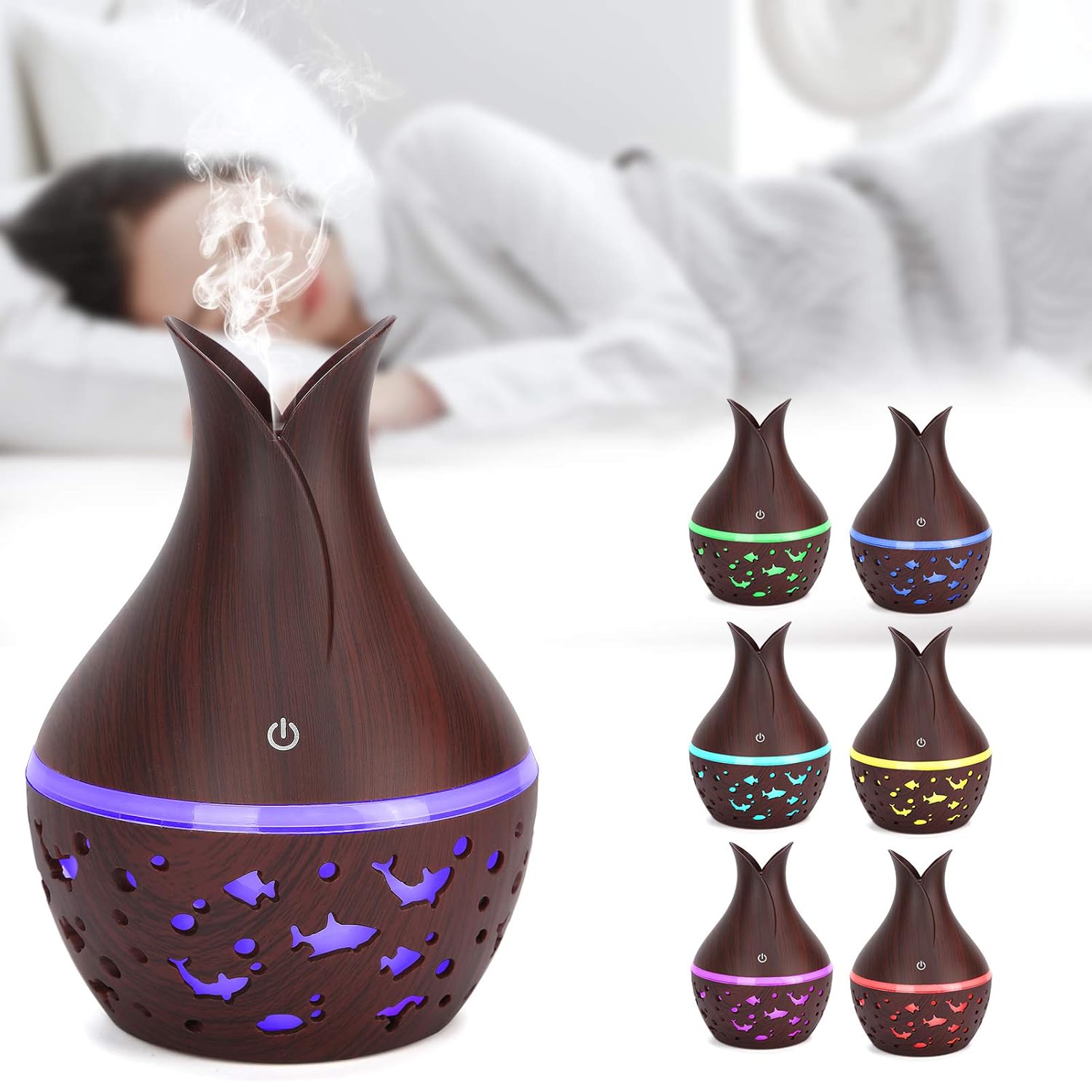 Indoce Sales Starry Sky Wood Grain Creative Hollow Star Moon Humidifier Colorful Transparent Mini Portable 130ML Aroma Diffuser