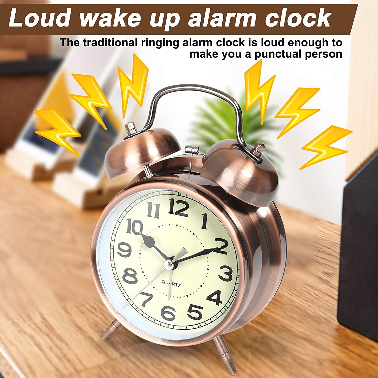 Indoce Sales Analog Alarm Clock Twin Bell Retro Copper Metal 4" Extra Loud Quartz Battery Operated Clock