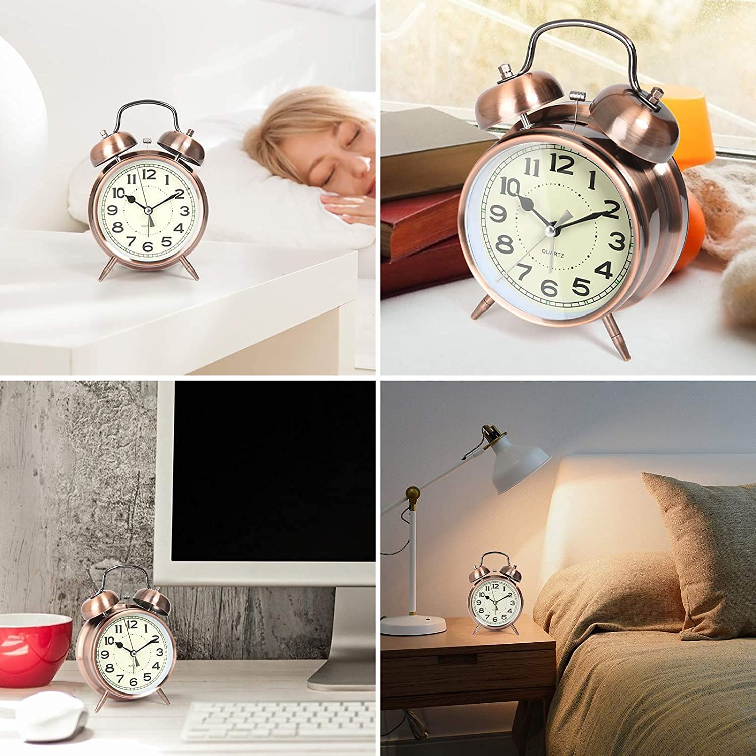 Indoce Sales Analog Alarm Clock Twin Bell Retro Copper Metal 4" Extra Loud Quartz Battery Operated Clock