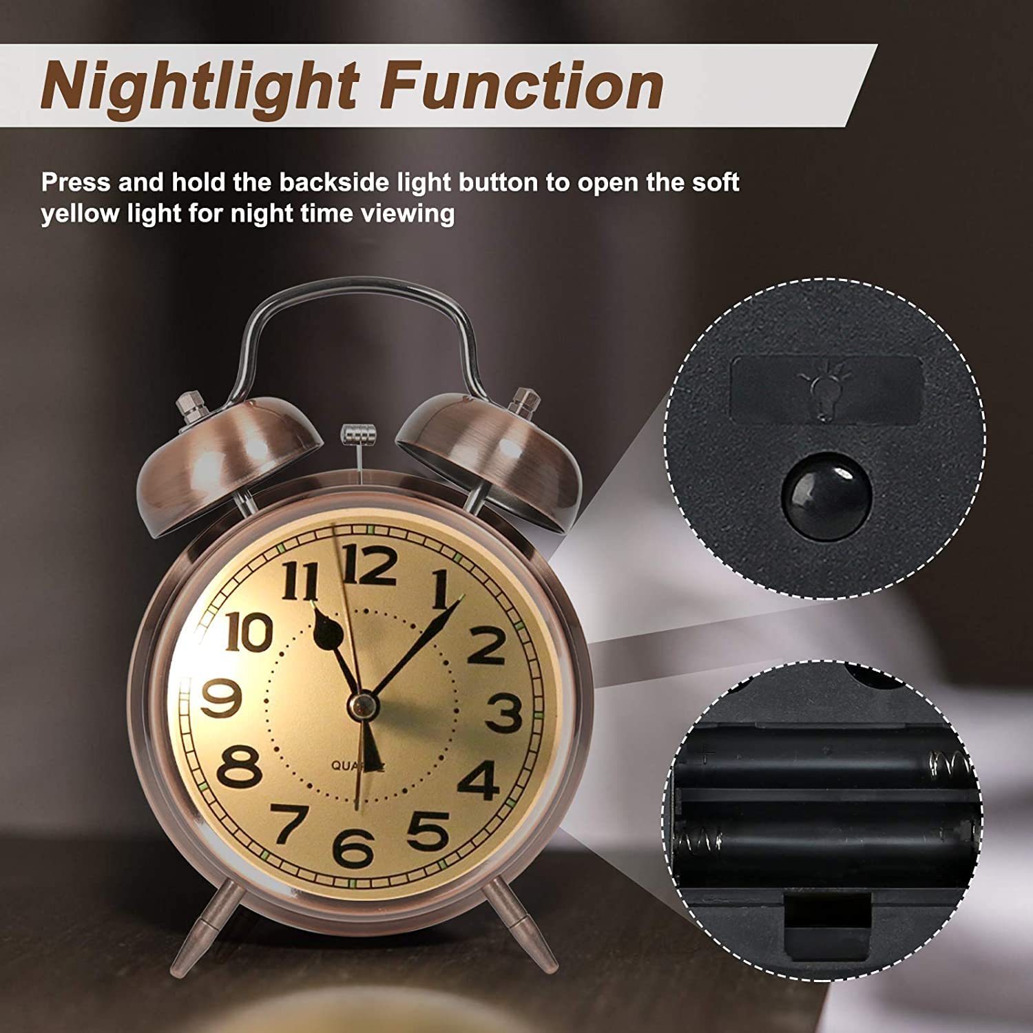 Indoce Sales Analog Alarm Clock Twin Bell Retro Copper Metal 4" Extra Loud Quartz Battery Operated Clock