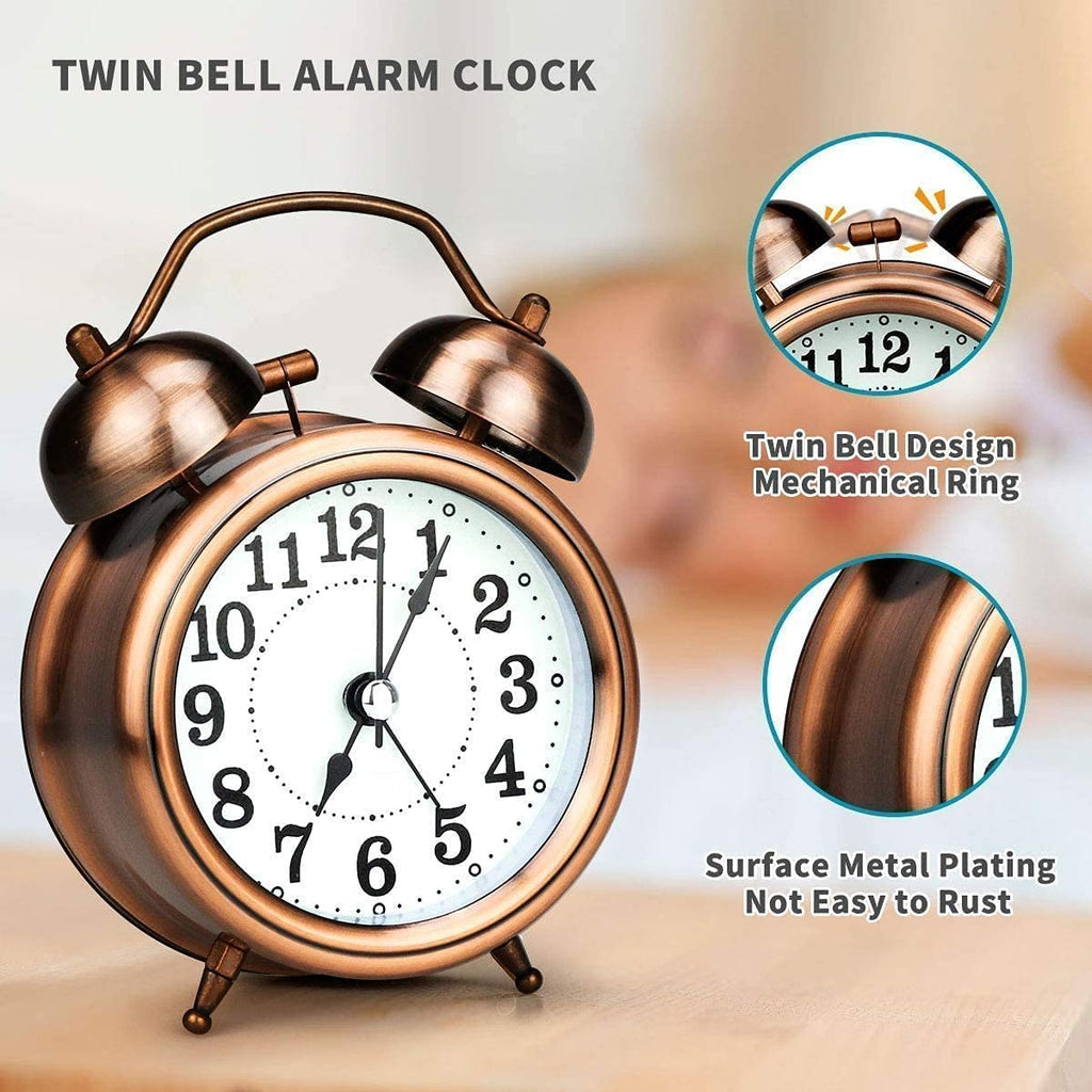 Indoce Sales Analog Alarm Clock Twin Bell Retro Copper Metal 4" Extra Loud Quartz Battery Operated Clock